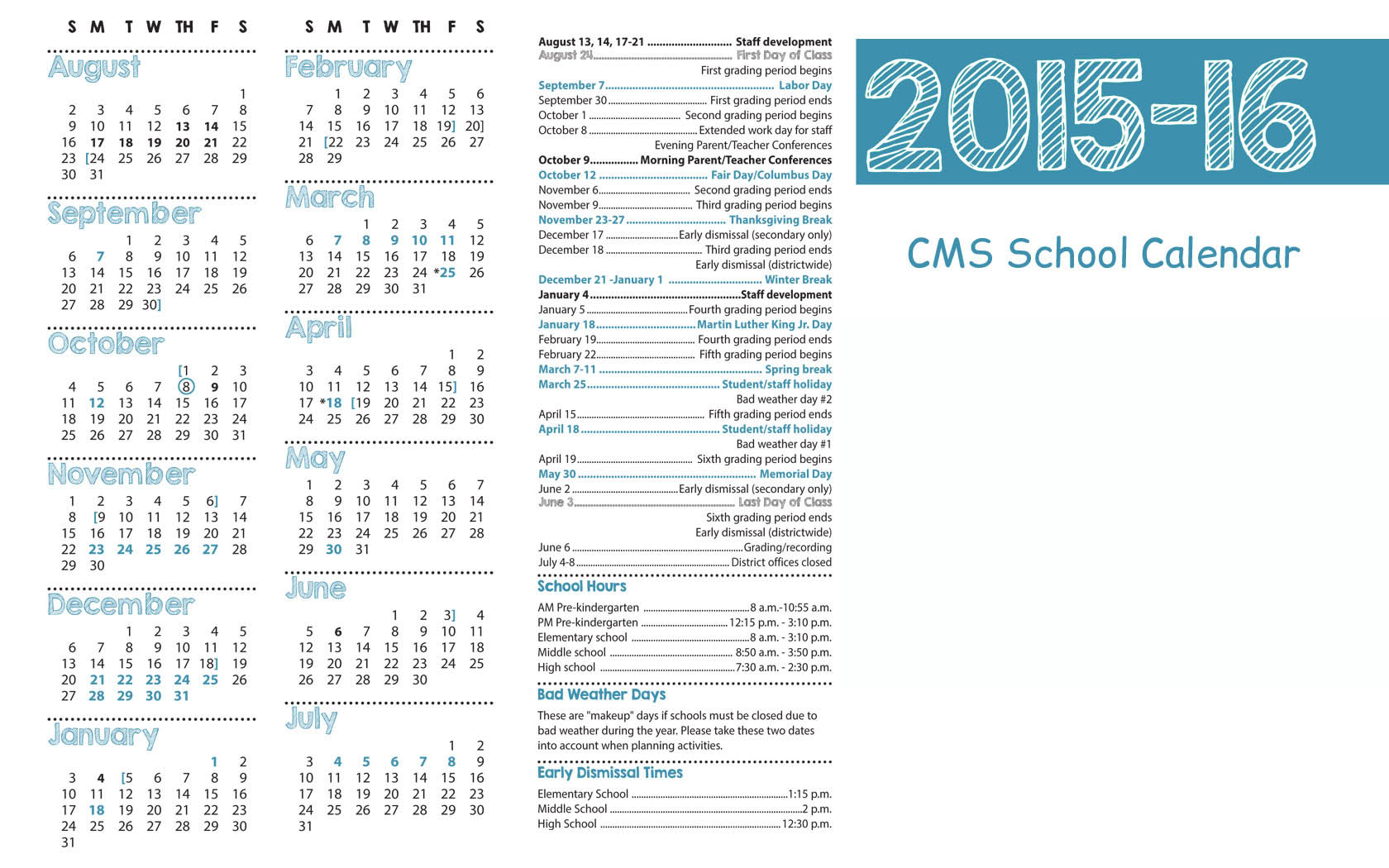 Coast Middle School 2015-2016 calendar